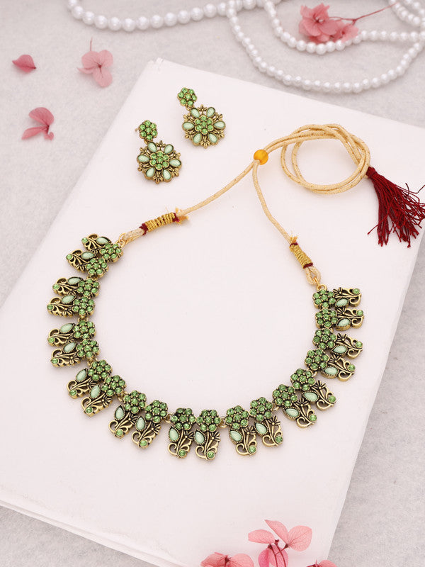 Tehzeeb Creations Luxurious Gold Polished Sea Green Colour Choker Necklace Set With Matching Earrings - Swadesiicart