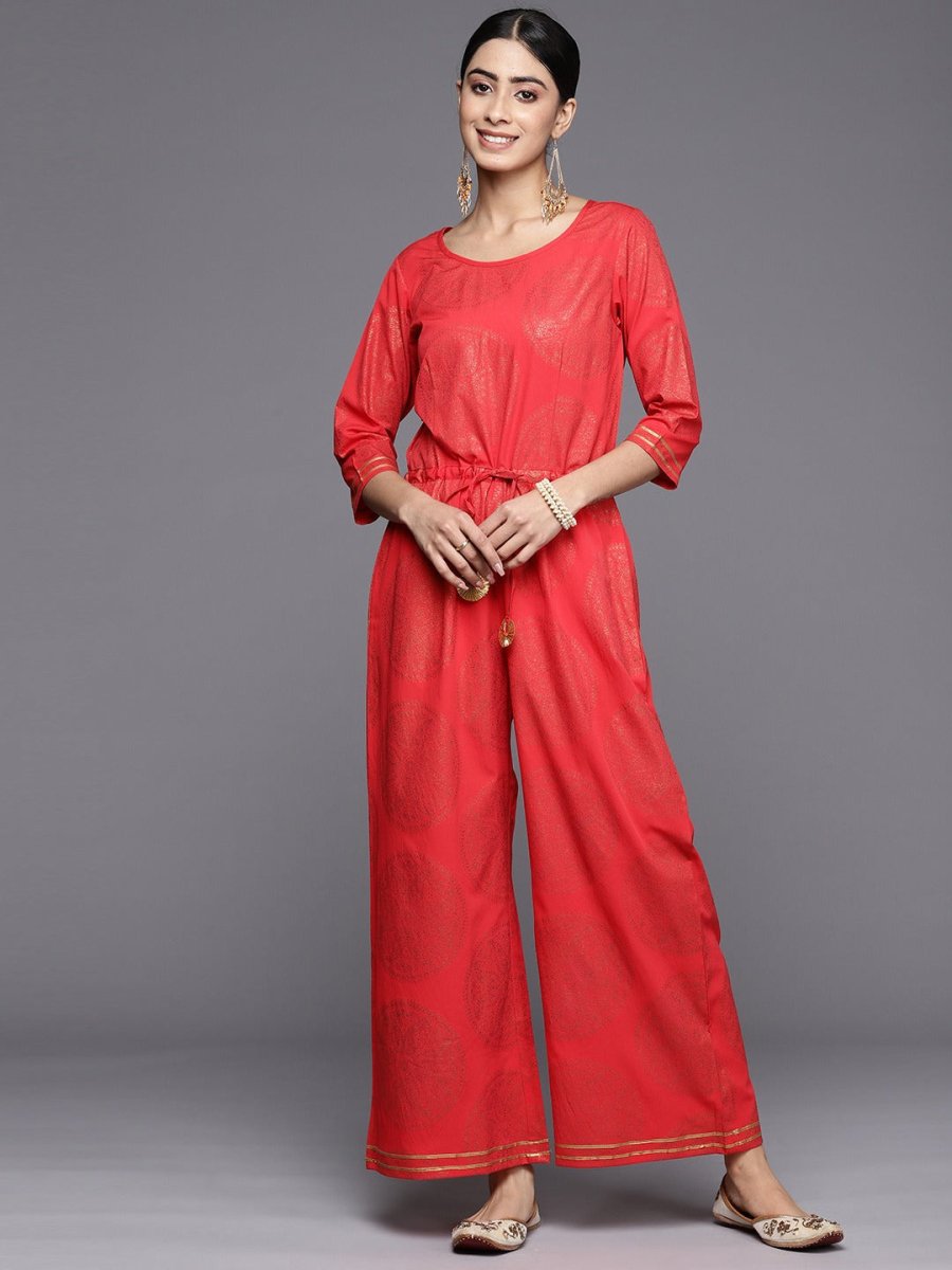 Ahalyaa Printed Crepe Basic Jumpsuit With Waist Tie-Ups | Swadesiicart
