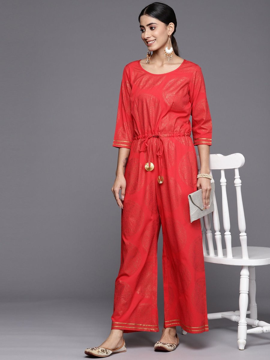 Ahalyaa Printed Crepe Basic Jumpsuit With Waist Tie-Ups | Swadesiicart