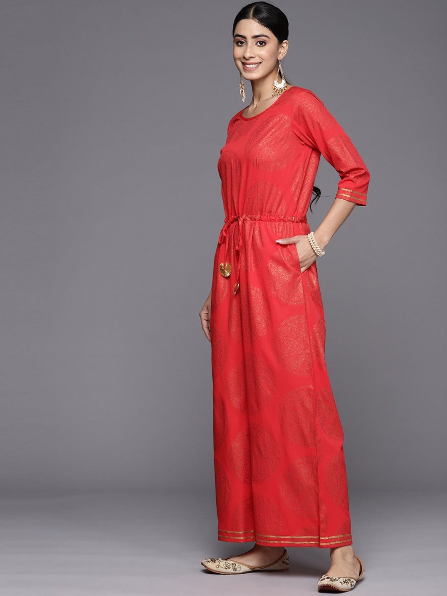 Ahalyaa Printed Crepe Basic Jumpsuit With Waist Tie-Ups | Swadesiicart