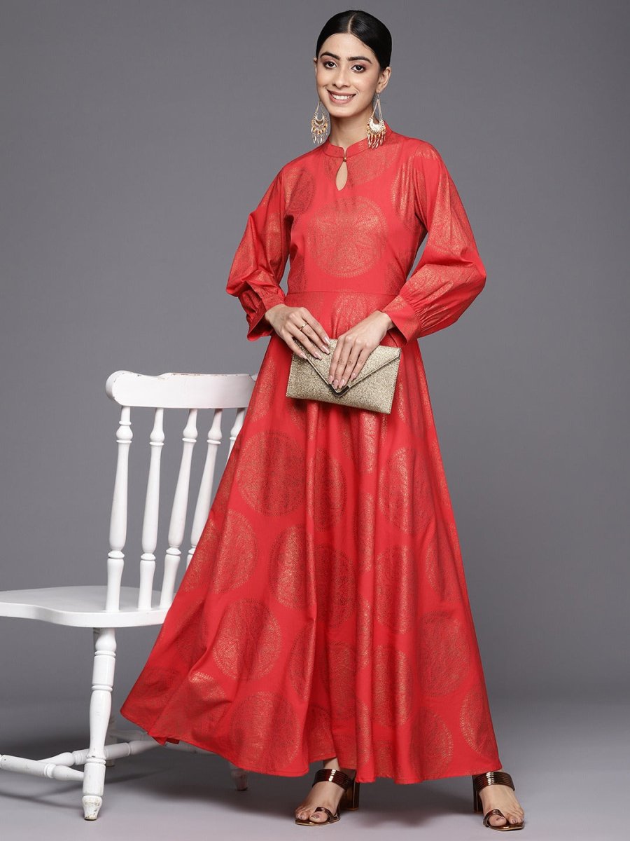 Ahalyaa Ethnic Motifs Keyhole Neck Ethnic Maxi Dress | Swadesiicart