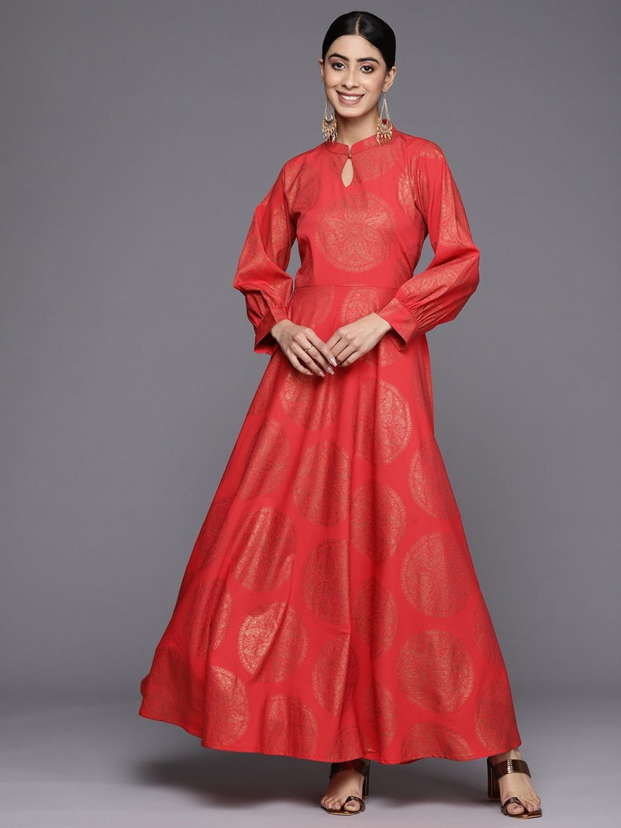 Ahalyaa Ethnic Motifs Keyhole Neck Ethnic Maxi Dress | Swadesiicart