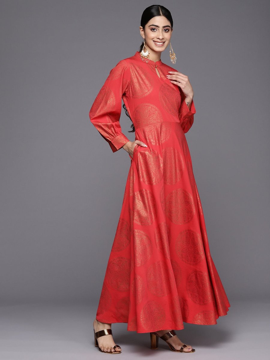 Ahalyaa Ethnic Motifs Keyhole Neck Ethnic Maxi Dress | Swadesiicart
