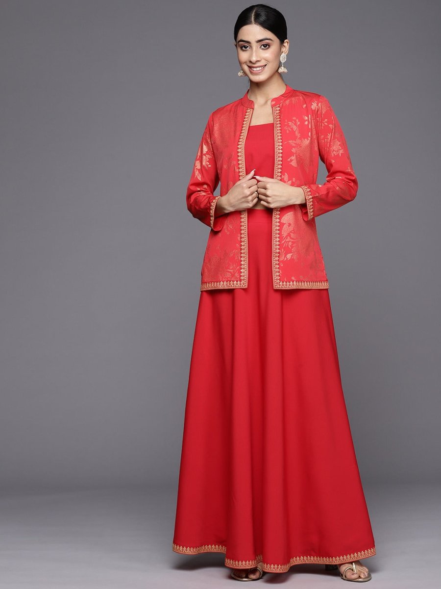 Ahalyaa Crepe Top With Skirt & Jacket | Swadesiicart
