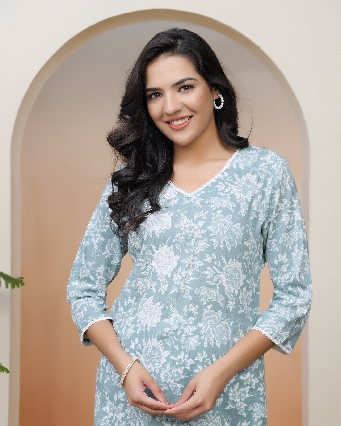 Vaasva Women Mint Cotton Printed Straight Kurti - Swadesiicart