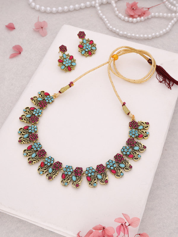 Tehzeeb Creations Luxurious Gold Polished Sky Blue Color Choker Necklace Set With Matching Earrings - Swadesiicart