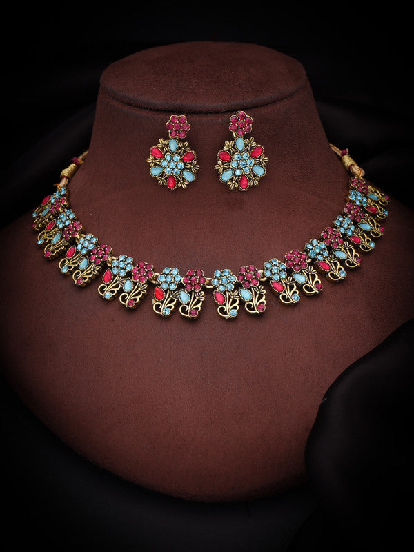 Tehzeeb Creations Luxurious Gold Polished Sky Blue Color Choker Necklace Set With Matching Earrings - Swadesiicart