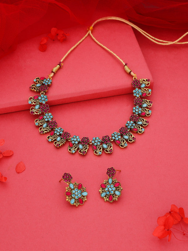 Tehzeeb Creations Luxurious Gold Polished Sky Blue Color Choker Necklace Set With Matching Earrings - Swadesiicart