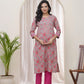 Vaasva Women Charcoal Cotton Printed Straight Kurti - Swadesiicart