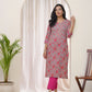 Vaasva Women Charcoal Cotton Printed Straight Kurti - Swadesiicart