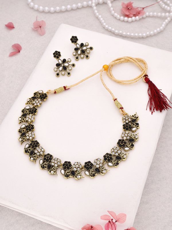 Tehzeeb Creations Luxurious Gold Polished Black &White Colour Choker Necklace Set With Matching Earrings - Swadesiicart