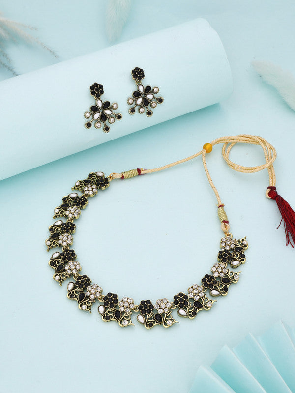 Tehzeeb Creations Luxurious Gold Polished Black &White Colour Choker Necklace Set With Matching Earrings - Swadesiicart