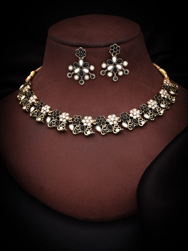 Tehzeeb Creations Luxurious Gold Polished Black &White Colour Choker Necklace Set With Matching Earrings - Swadesiicart