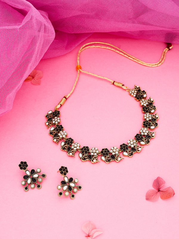 Tehzeeb Creations Luxurious Gold Polished Black &White Colour Choker Necklace Set With Matching Earrings - Swadesiicart