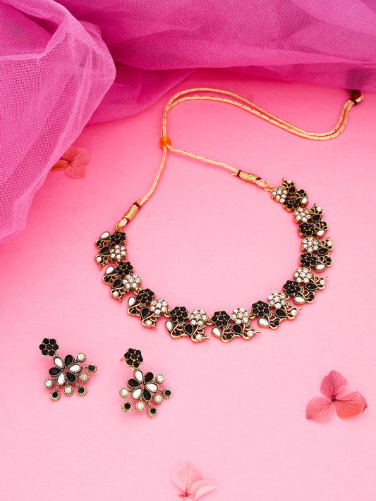 Tehzeeb Creations Luxurious Gold Polished Black &White Colour Choker Necklace Set With Matching Earrings - Swadesiicart