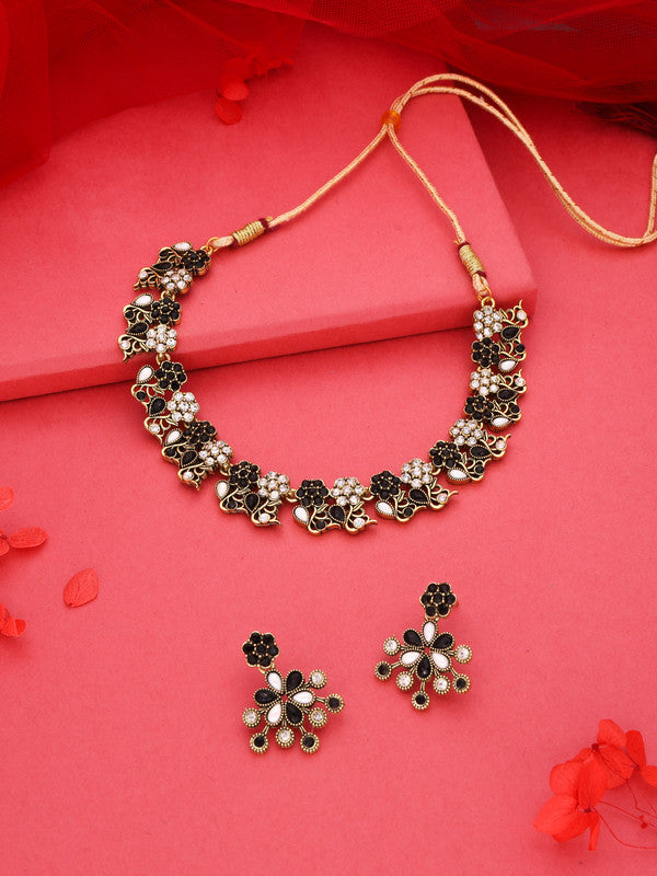 Tehzeeb Creations Luxurious Gold Polished Black &White Colour Choker Necklace Set With Matching Earrings - Swadesiicart