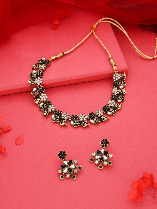 Tehzeeb Creations Luxurious Gold Polished Black &White Colour Choker Necklace Set With Matching Earrings - Swadesiicart