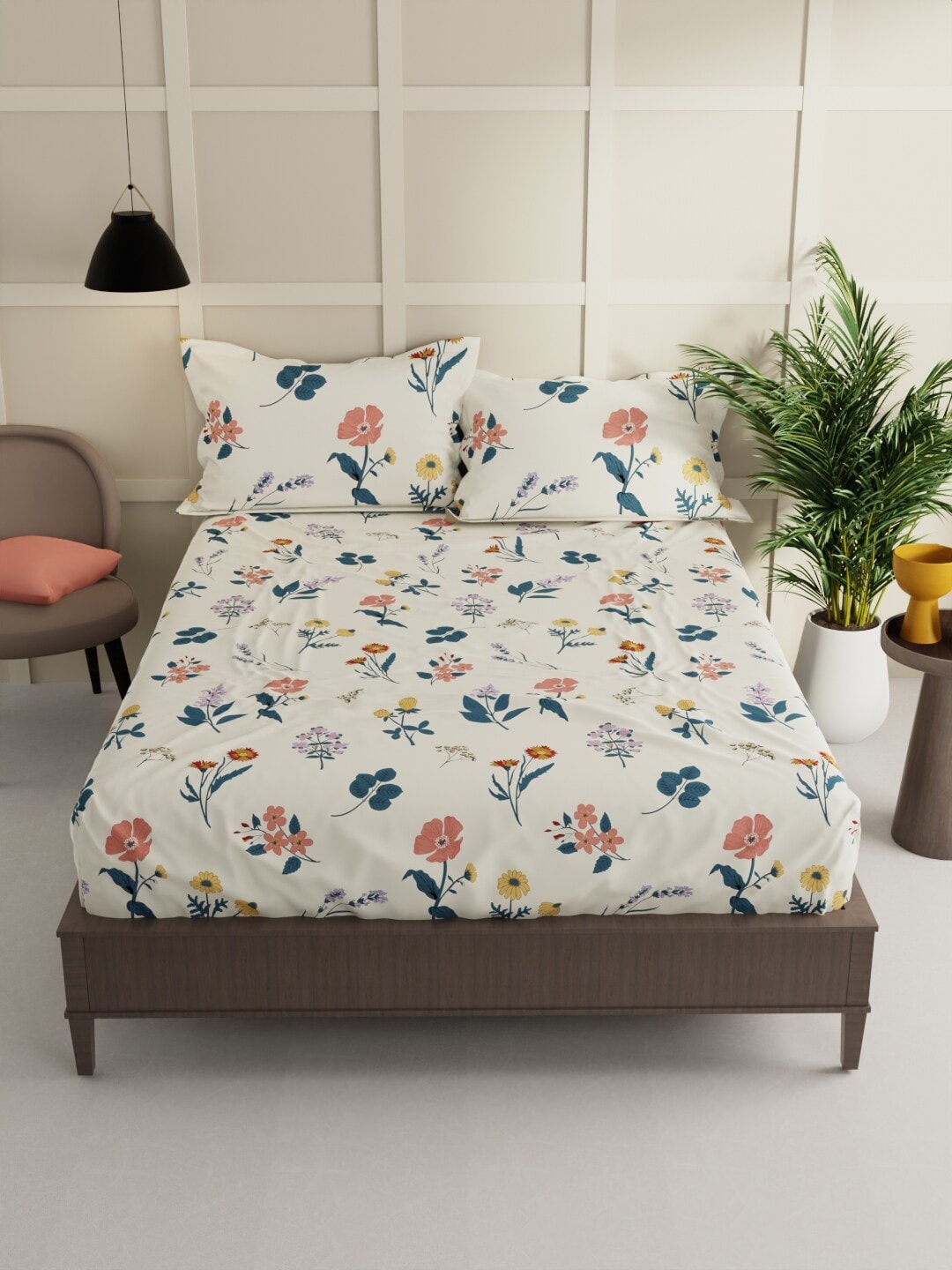 BIANCA LA-VOGUE Beige & Green Floral 152 TC Queen Bedsheet With 2 Pillow Covers - Swadesiicart