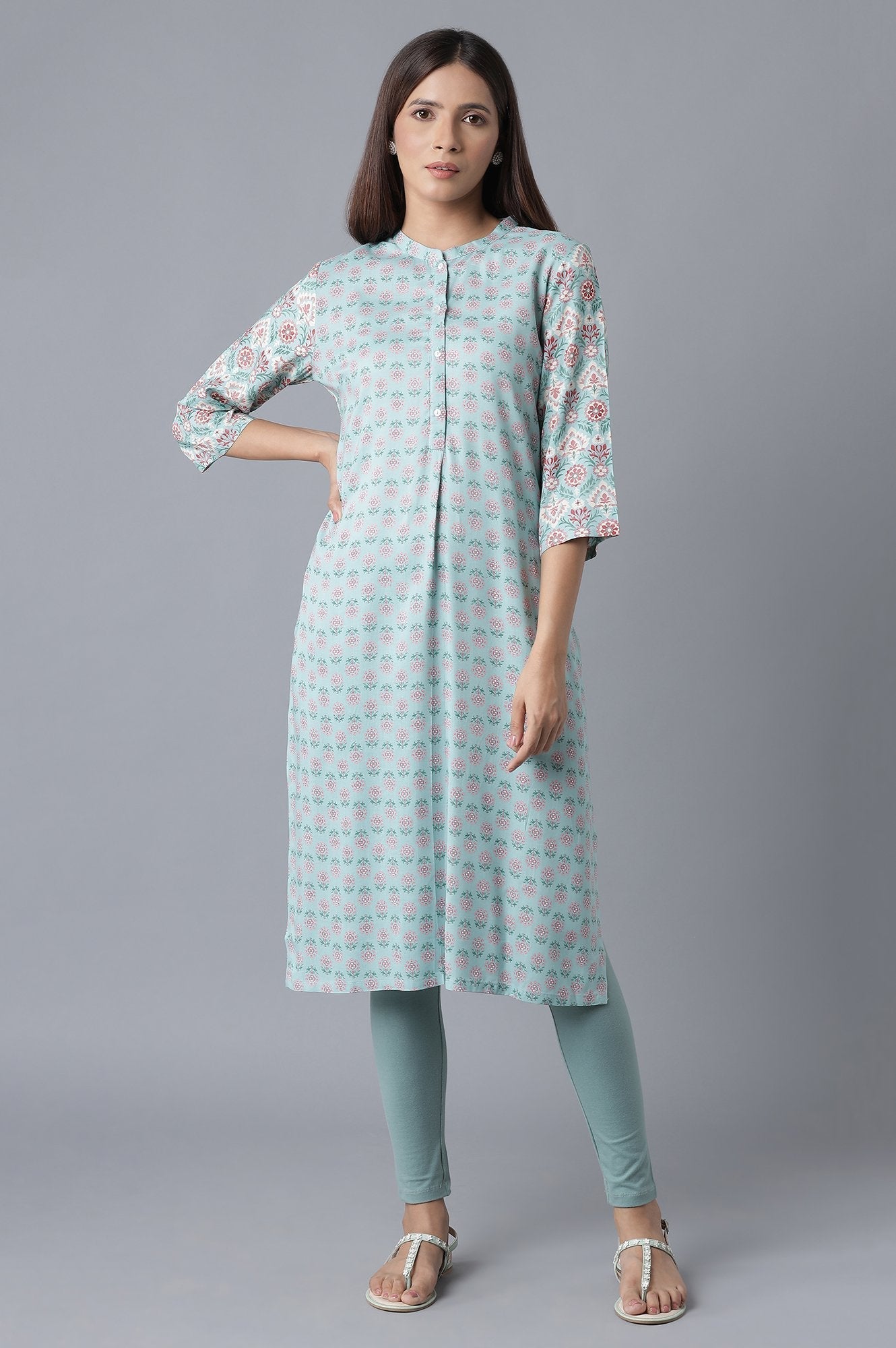 W for Woman Blue Printed Button Down kurta