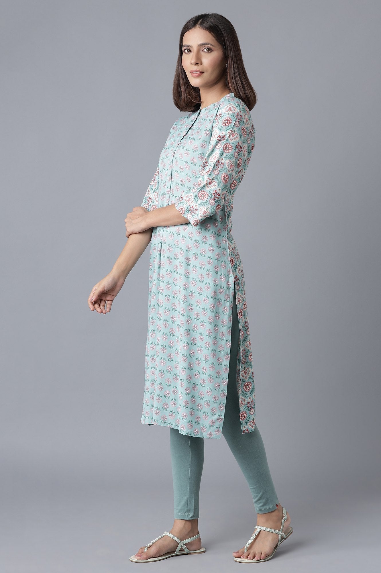W for Woman Blue Printed Button Down kurta