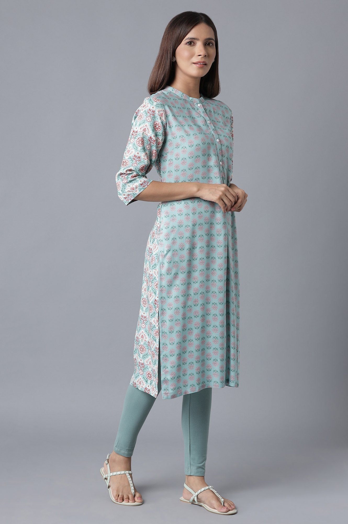 W for Woman Blue Printed Button Down kurta