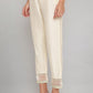 W for Woman Beige Solid Slim Pants With Embroidered Organza Panel