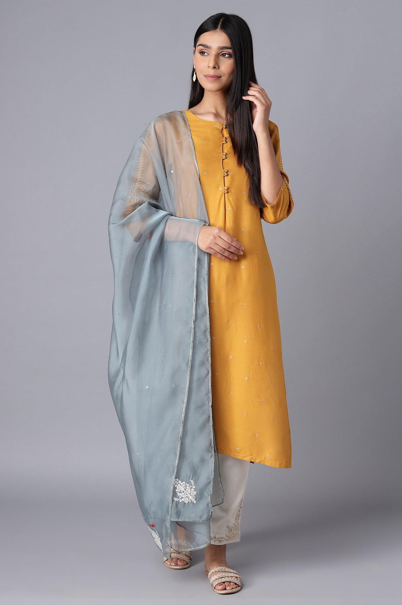 W for Woman Blue Embroidered Organza Dupatta