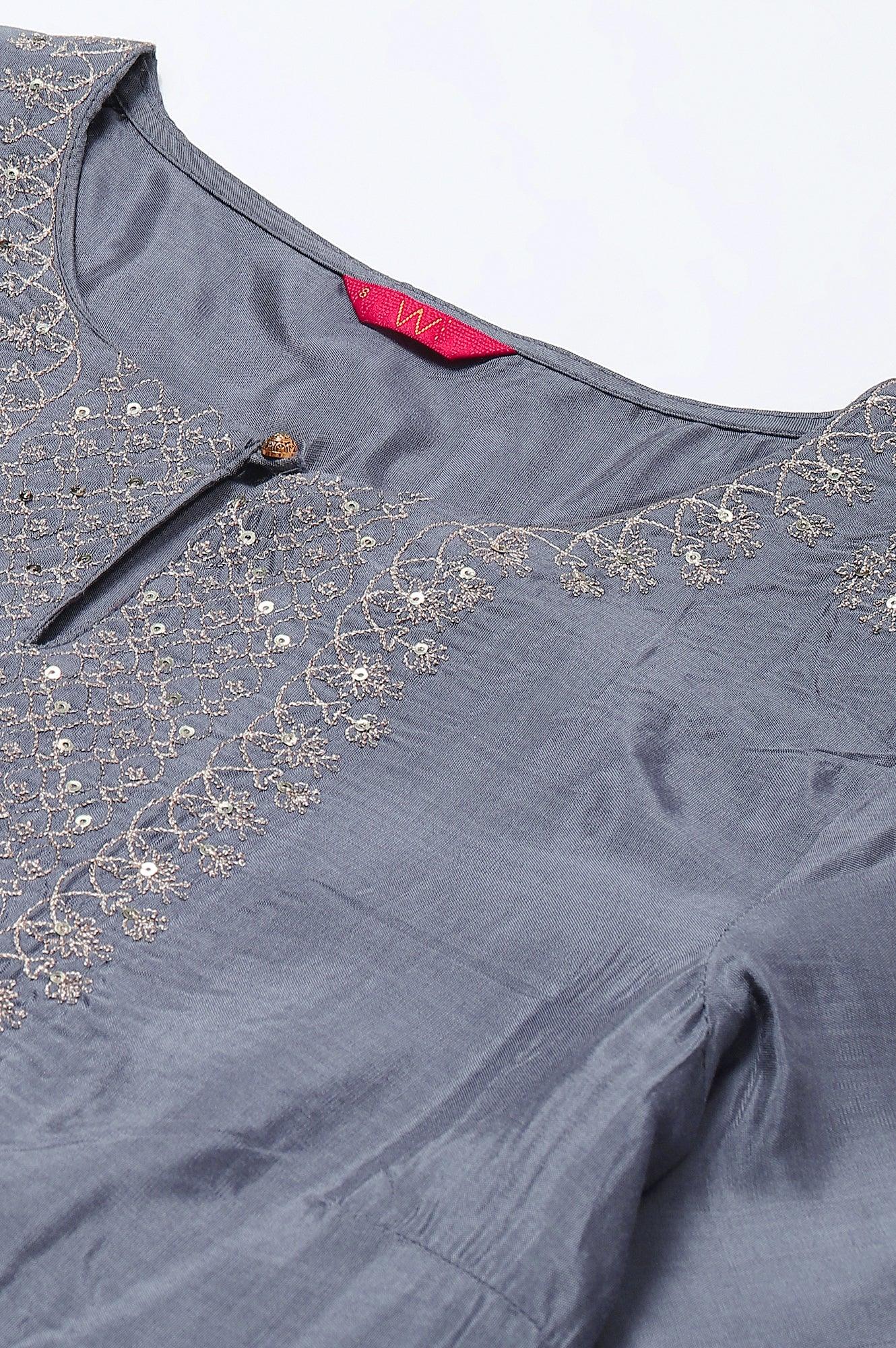 W for Woman Blue Embroidered Straight kurta-Parallel Pants-Dupatta Set