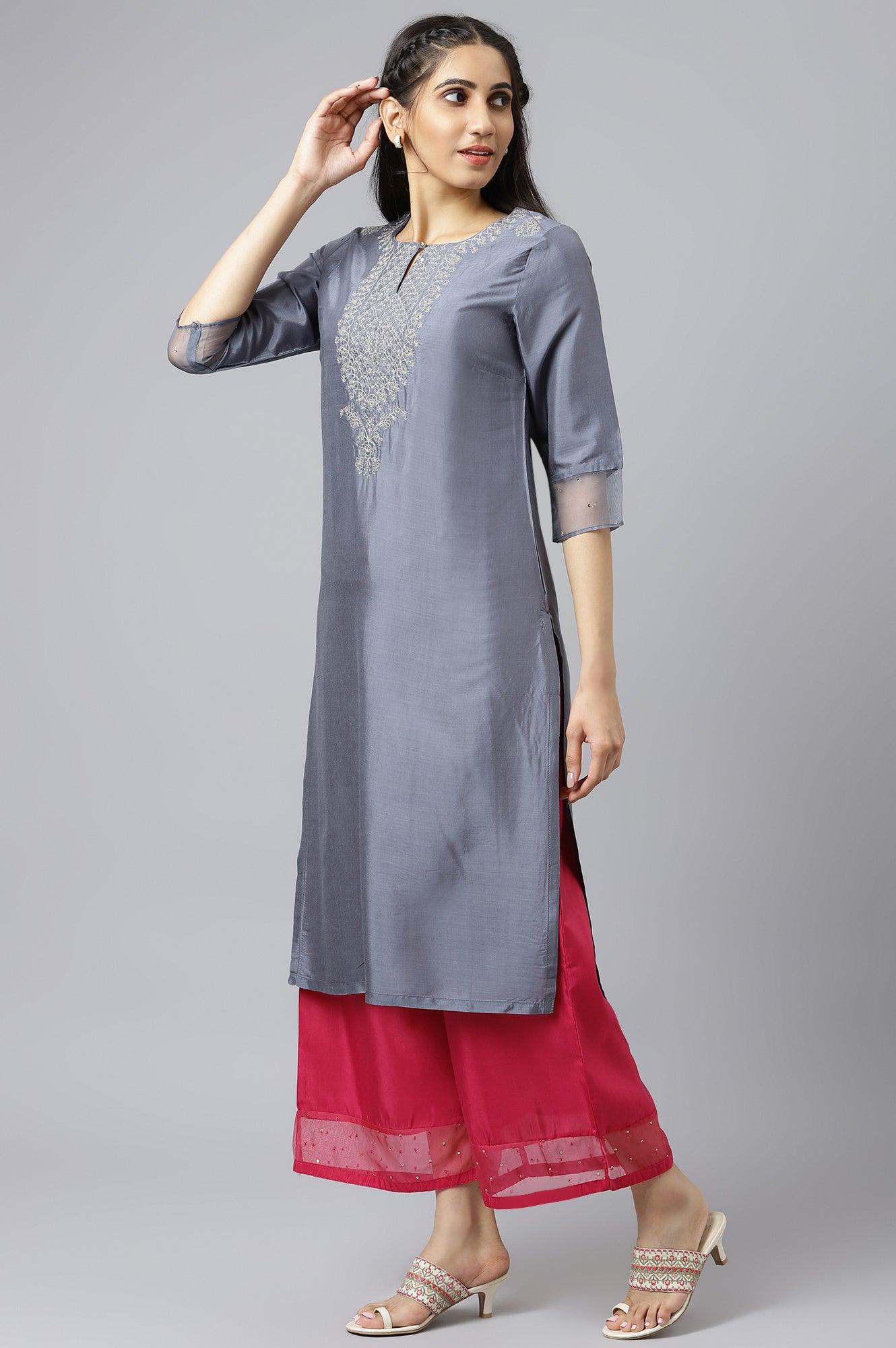 W for Woman Blue Embroidered Straight kurta-Parallel Pants-Dupatta Set