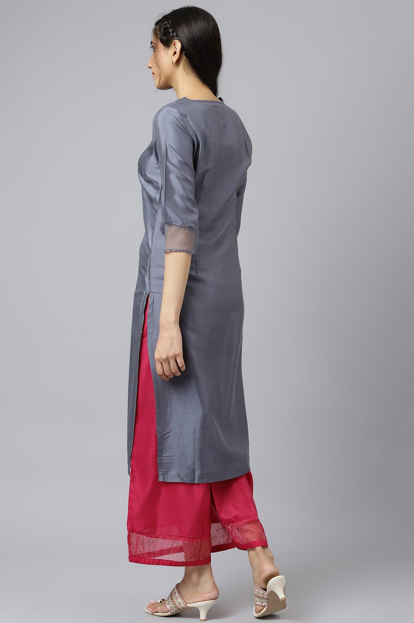 W for Woman Blue Embroidered Straight kurta-Parallel Pants-Dupatta Set
