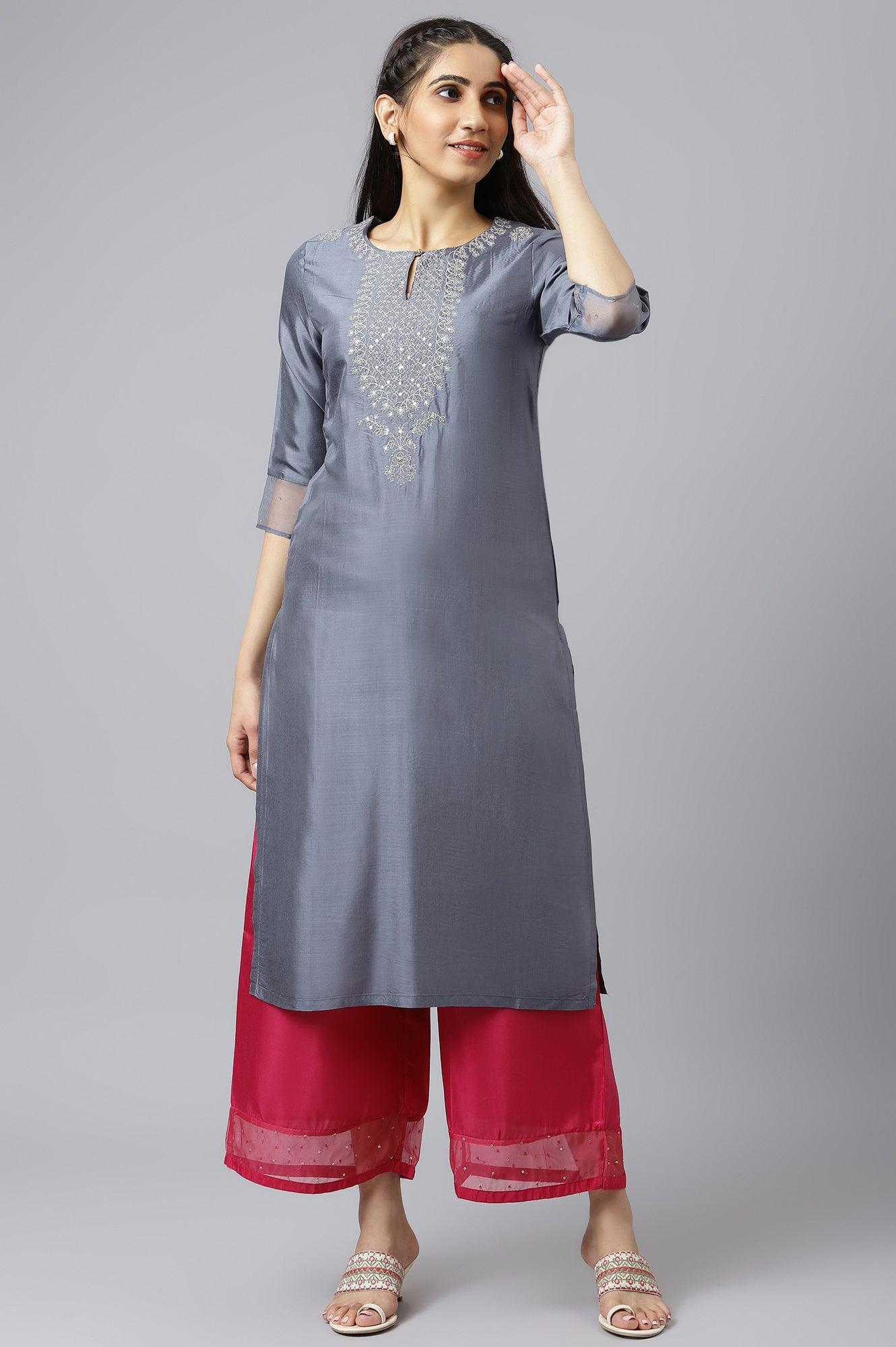 W for Woman Blue Embroidered Straight kurta-Parallel Pants-Dupatta Set