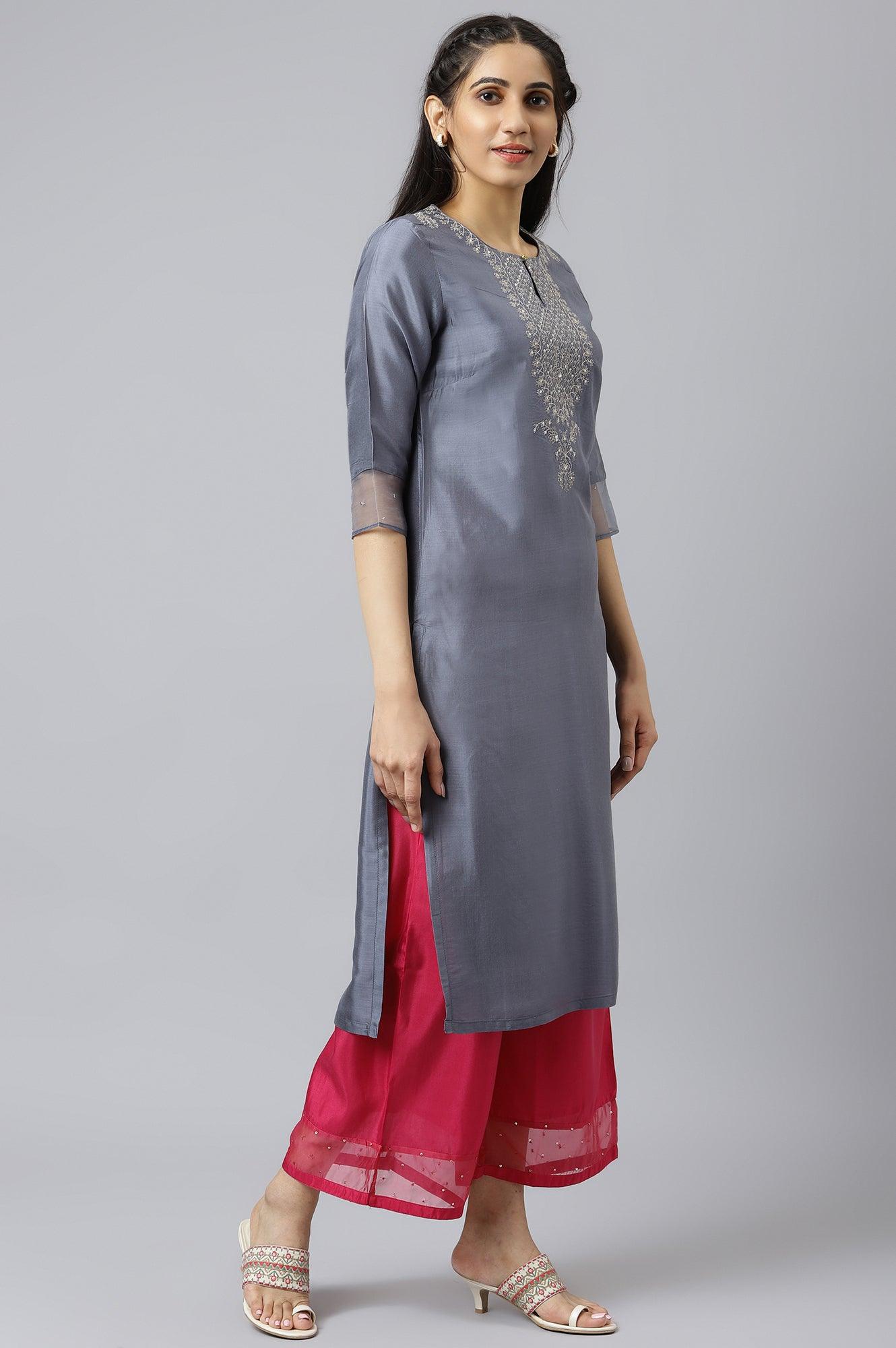 W for Woman Blue Embroidered Straight kurta-Parallel Pants-Dupatta Set