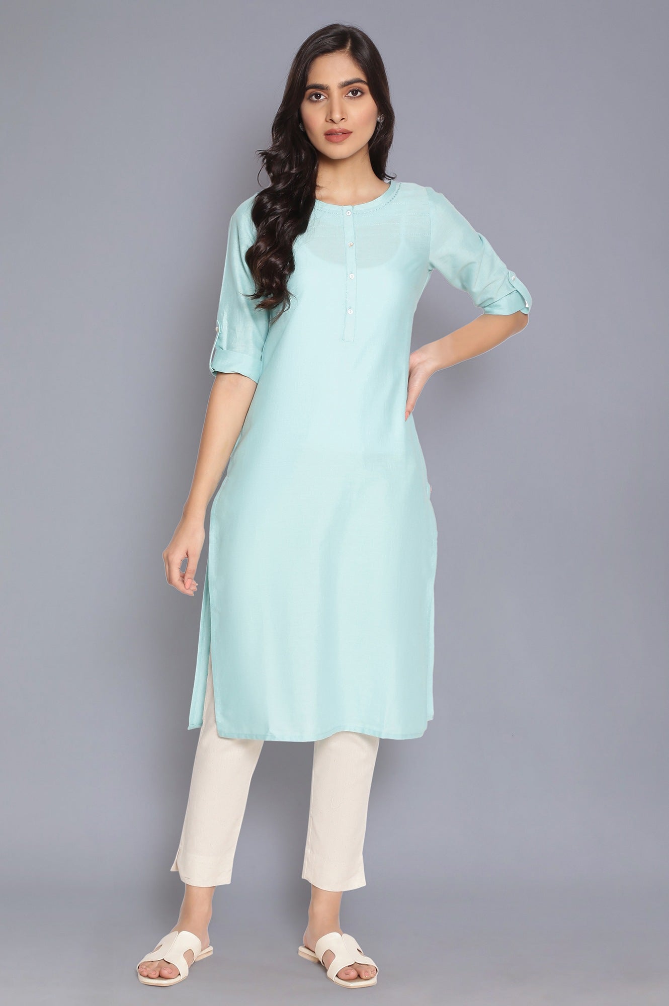 W for Woman Blue Round Neck Solid kurta