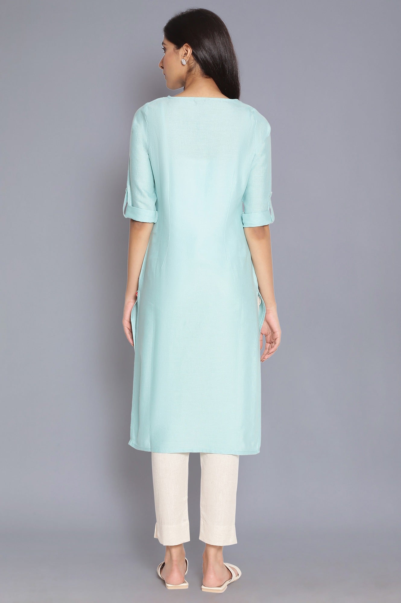 W for Woman Blue Round Neck Solid kurta