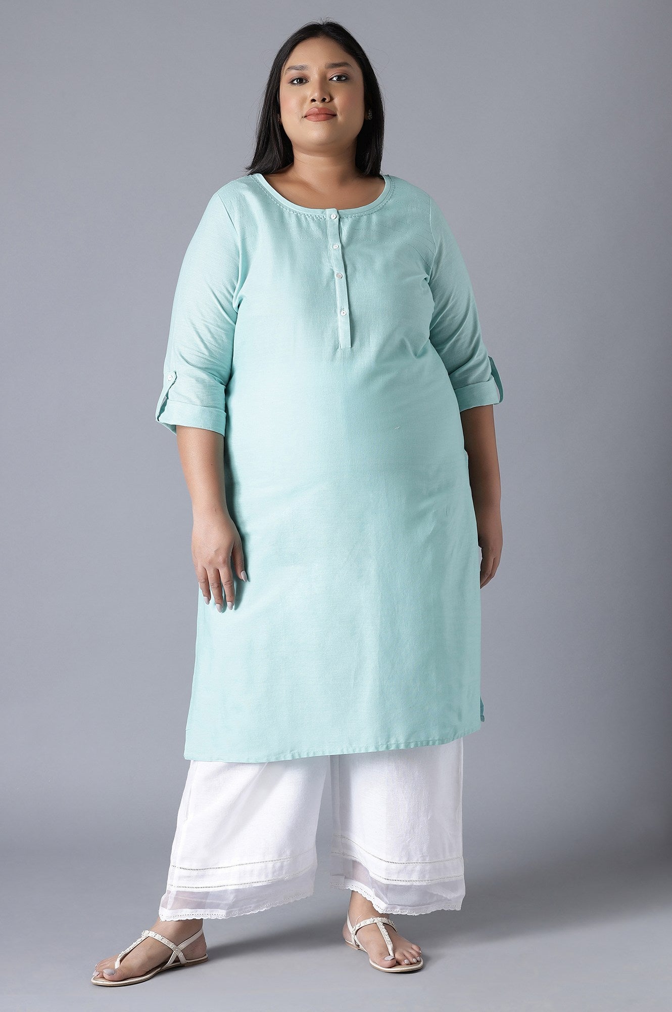 W for Woman Blue Round Neck Solid kurta