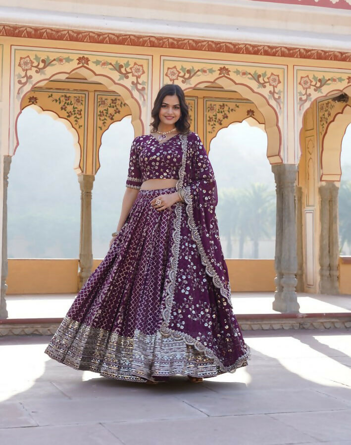 Lorenvalley Purple Pure Viscose Jacquard With Embroidered Sequins work Lehenga Choli | Swadesiicart
