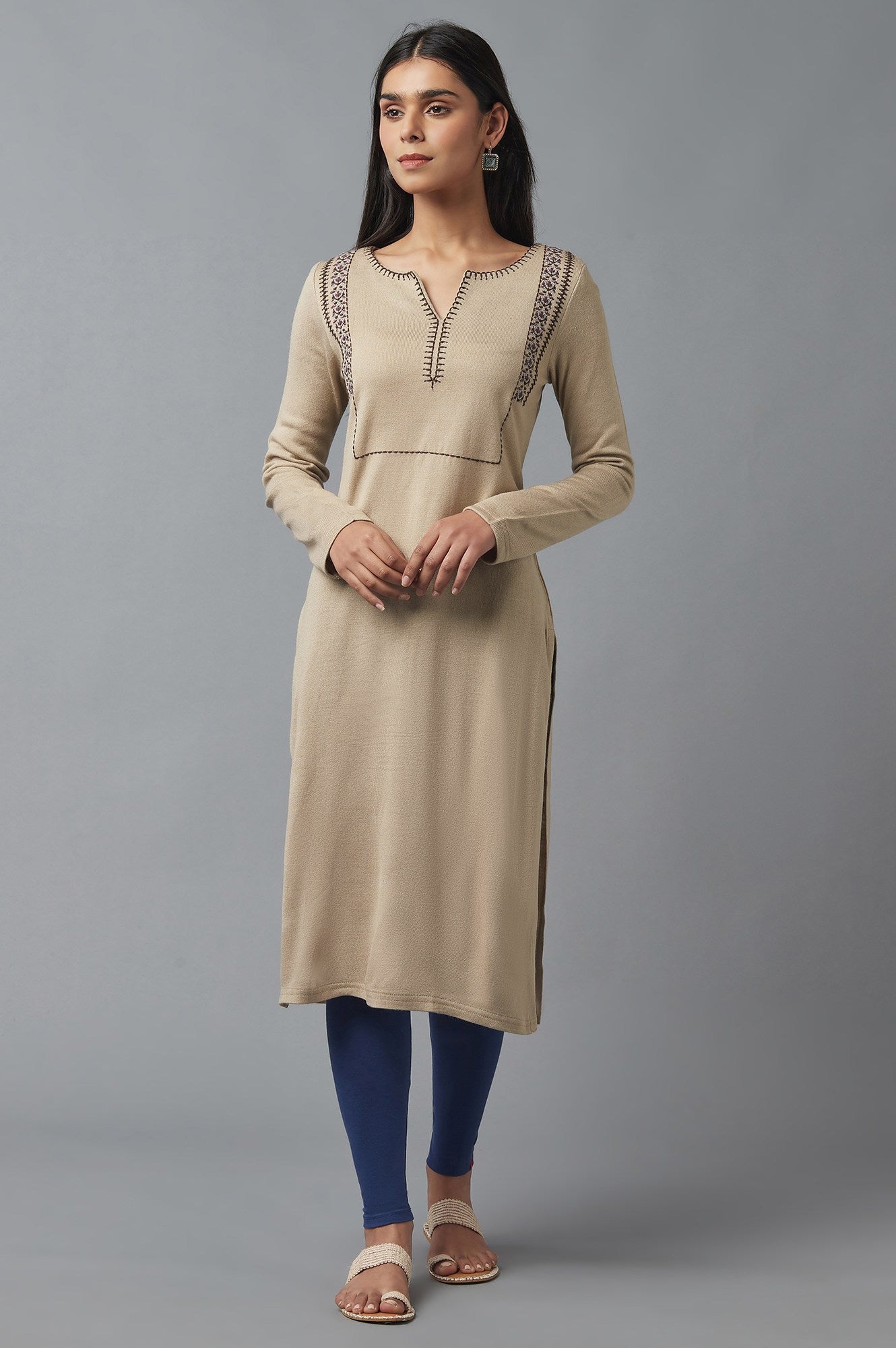 W for Woman Beige Embroidered Winter kurta