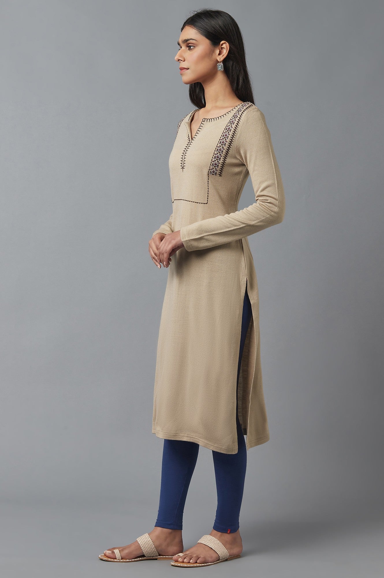 W for Woman Beige Embroidered Winter kurta