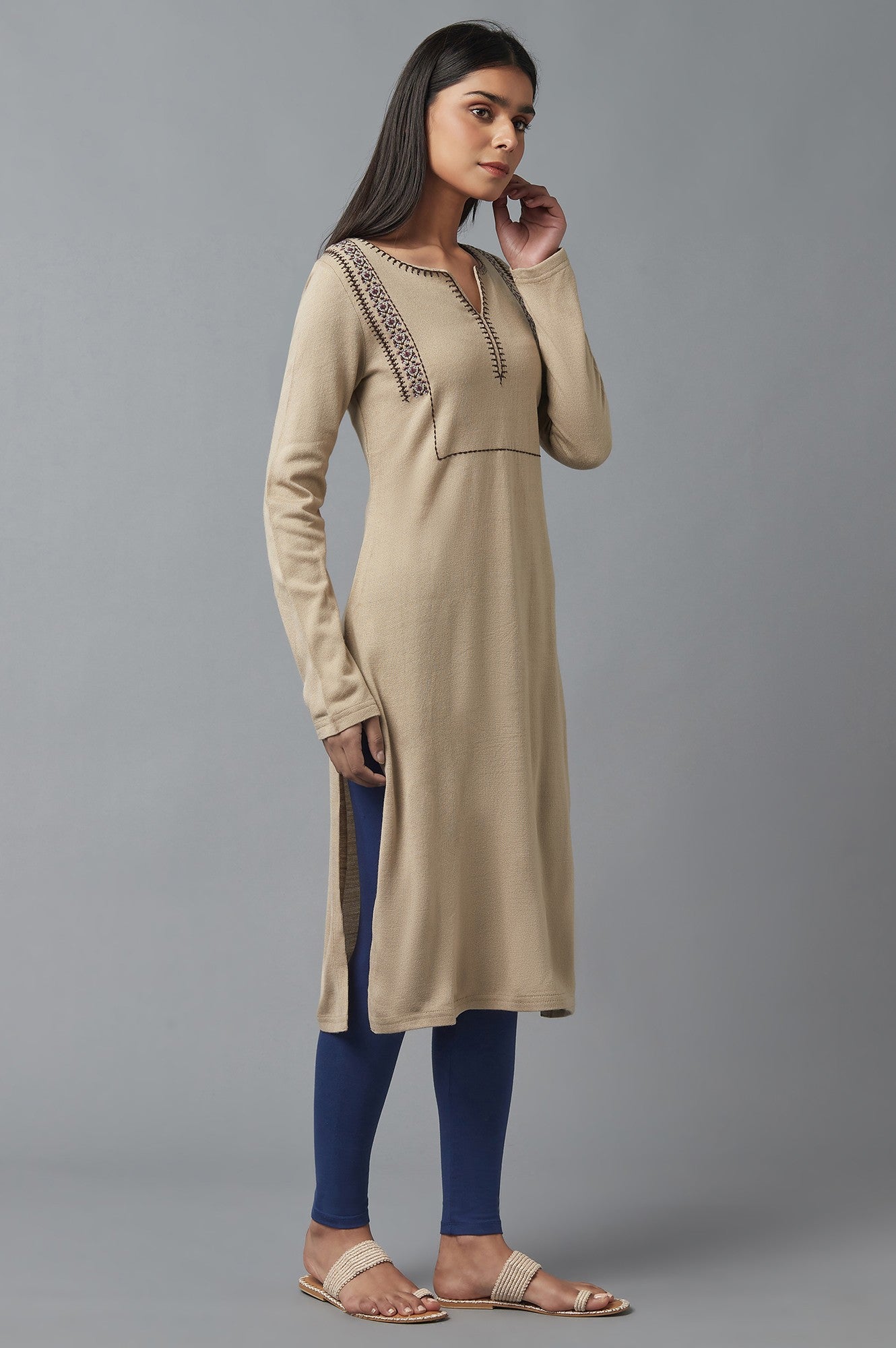 W for Woman Beige Embroidered Winter kurta