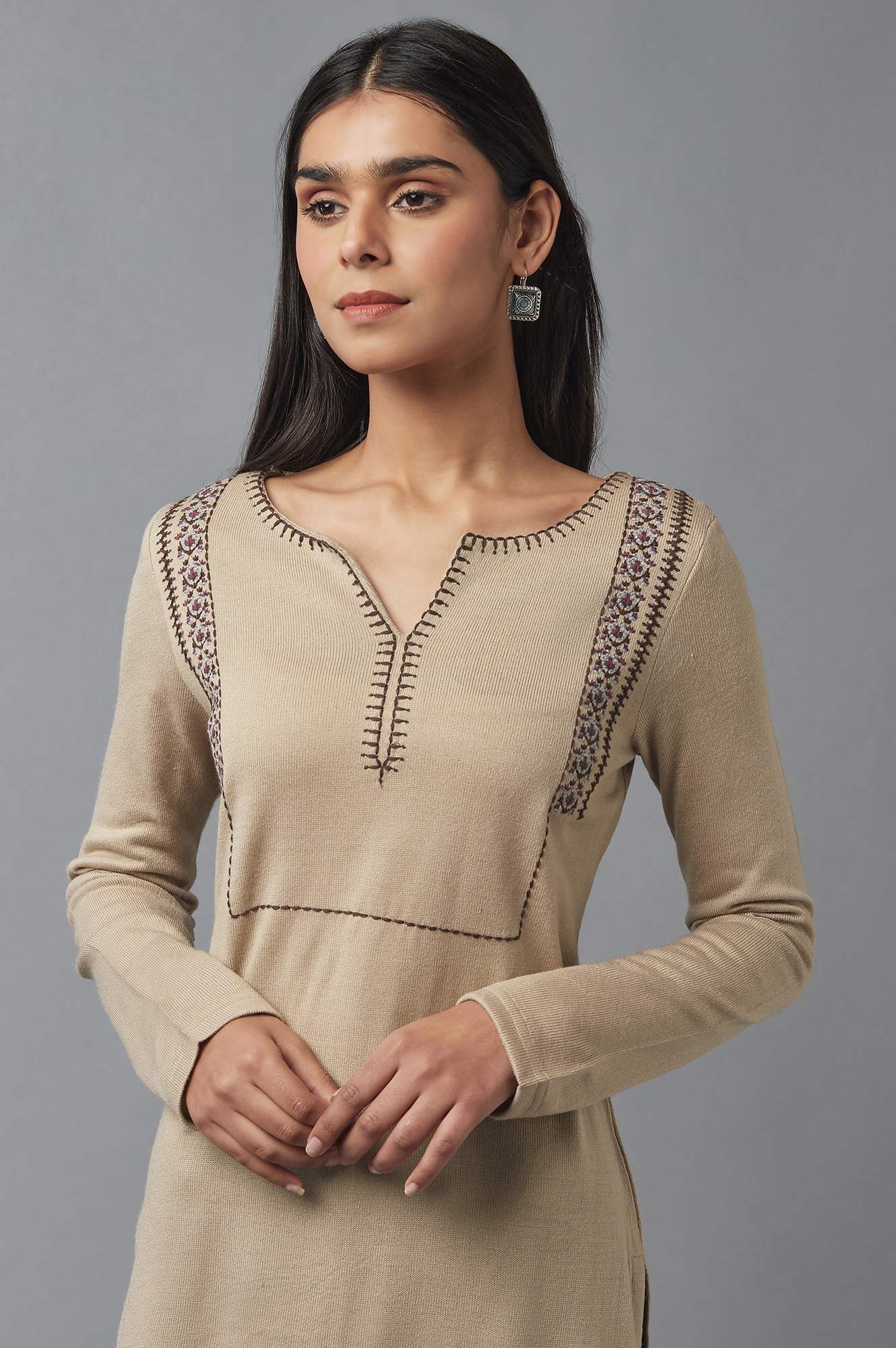 W for Woman Beige Embroidered Winter kurta