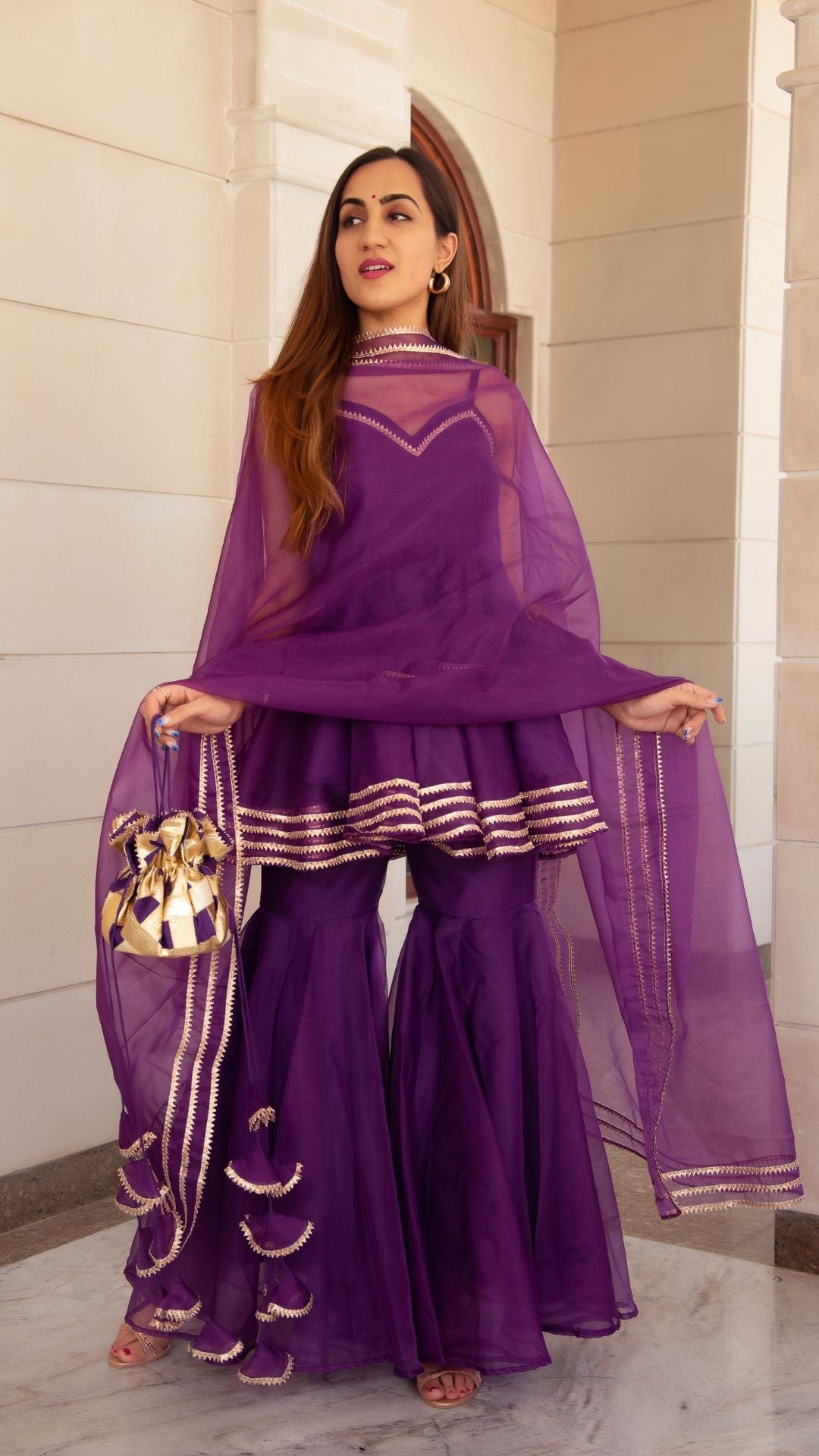 Pomcha Jaipur Masakali Purple Organza Sharara Set | Swadesiicart