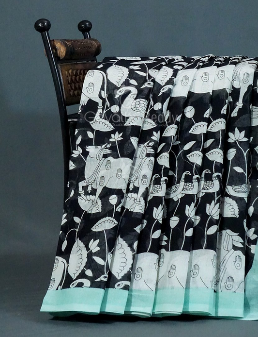 Shades of Black And Mint Green With Pichwai Print Munga Cotton Saree By Gayathri Reddy Designer Studio | Swadesiicart