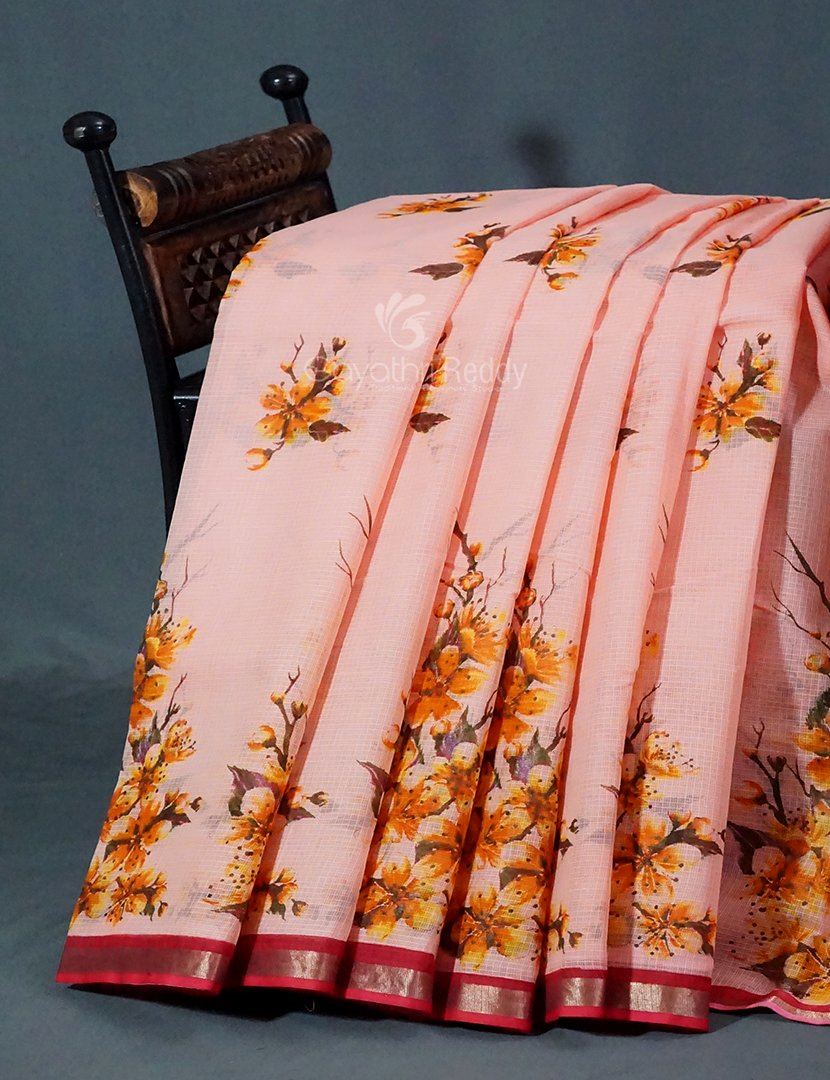 Peach Colour Block Print Pure Kota Cotton Saree By Gayathri Reddy Designer Studio | Swadesiicart