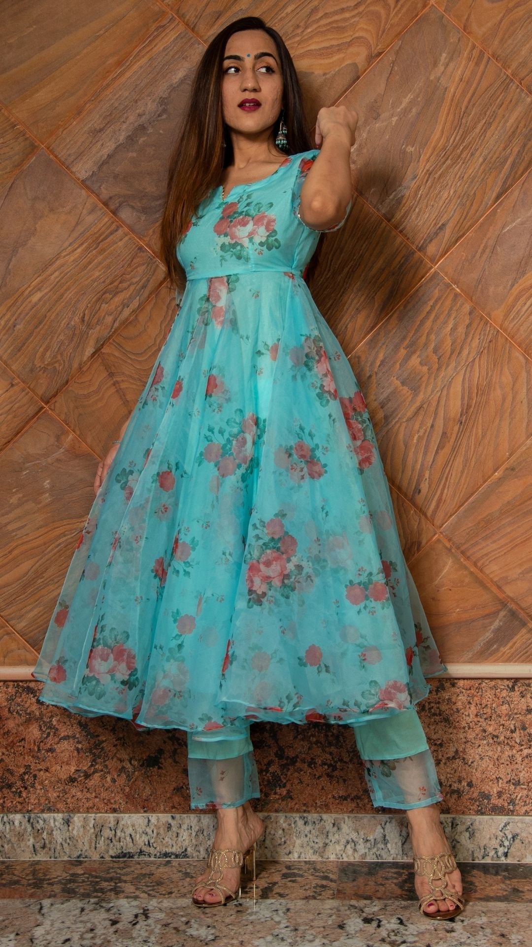 Pomcha Jaipur Blue And Red Floral Organza Anarkali Set | Swadesiicart