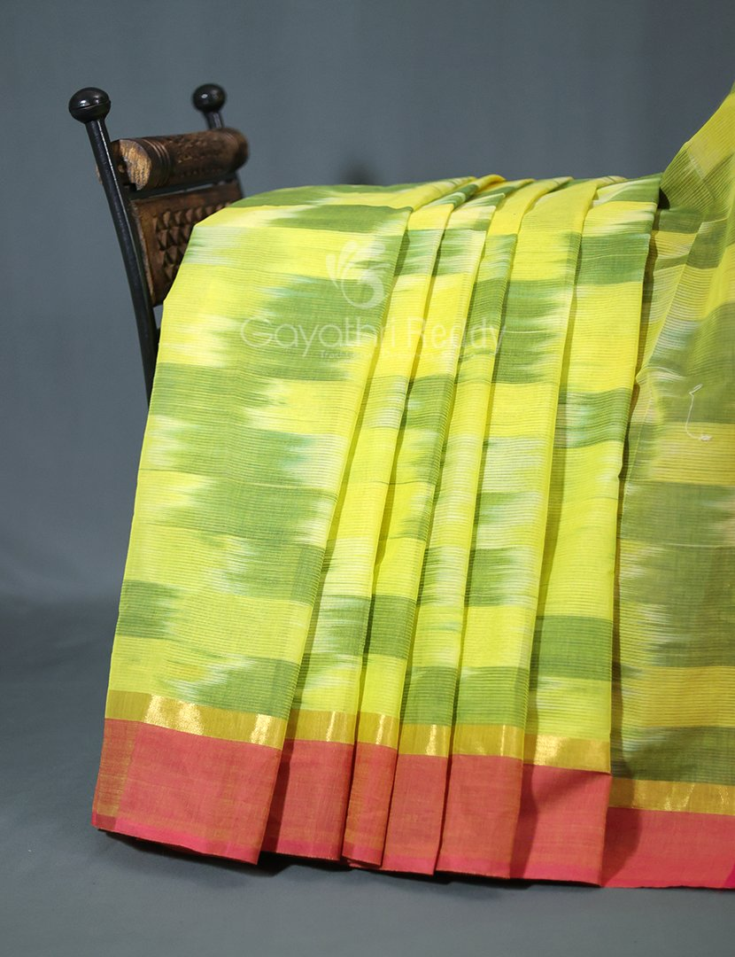 Dual Shades of Lime Green Mangalagiri Ikkat Cotton Saree By Gayathri Reddy Designer Studio | Swadesiicart