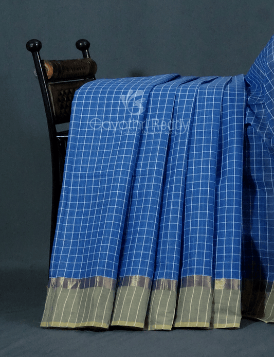 Denim Blue With Checks Pure Mangalgiri Cotton Saree By Gayathri Reddy Designer Studio | Swadesiicart