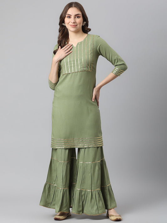 Kalini Women Green Yoke Design Gotta Patti Kurta with Sharara | Swadesiicart