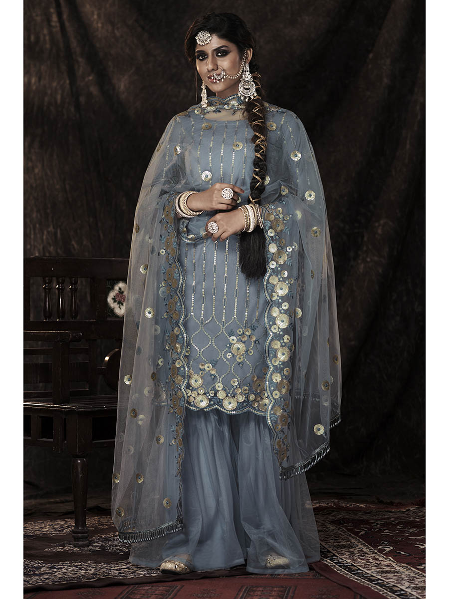 Myra Grey Net Embroidered Sharara Suit | Swadesiicart