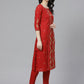 ADA Women Red & Beige Paisley Chikankari Embroidered Sustainable Handloom Kurta with Trousers | Swadesiicart