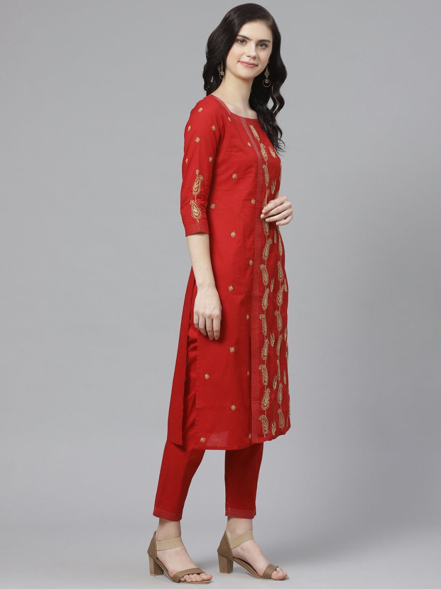 ADA Women Red & Beige Paisley Chikankari Embroidered Sustainable Handloom Kurta with Trousers | Swadesiicart